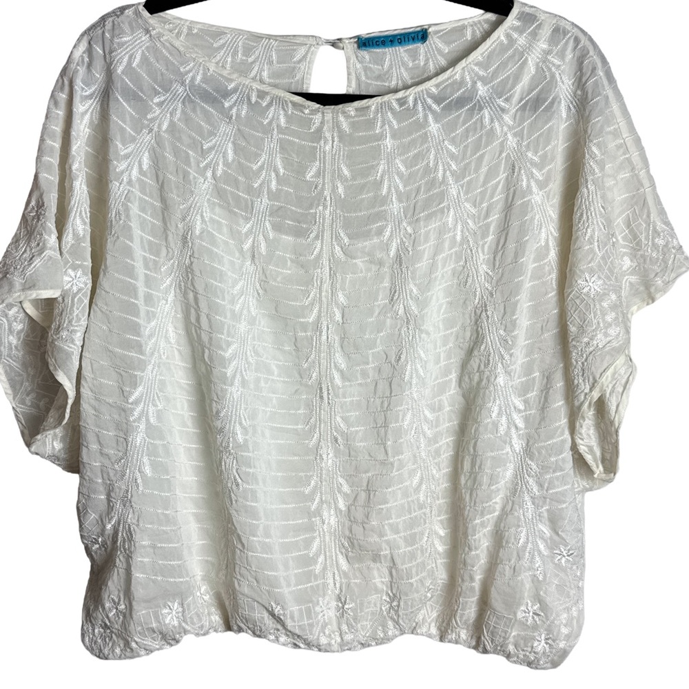 Alice + Olivia White Silk Embroidered Batwing Top – Size M